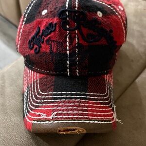 Vintage True Religion Red and Black Plaid Cap with Navy Embroidery